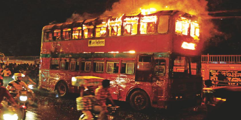 BNP Jamaat Terrorists Set Afire a Double-decker Student Service Bus of Dhaka University